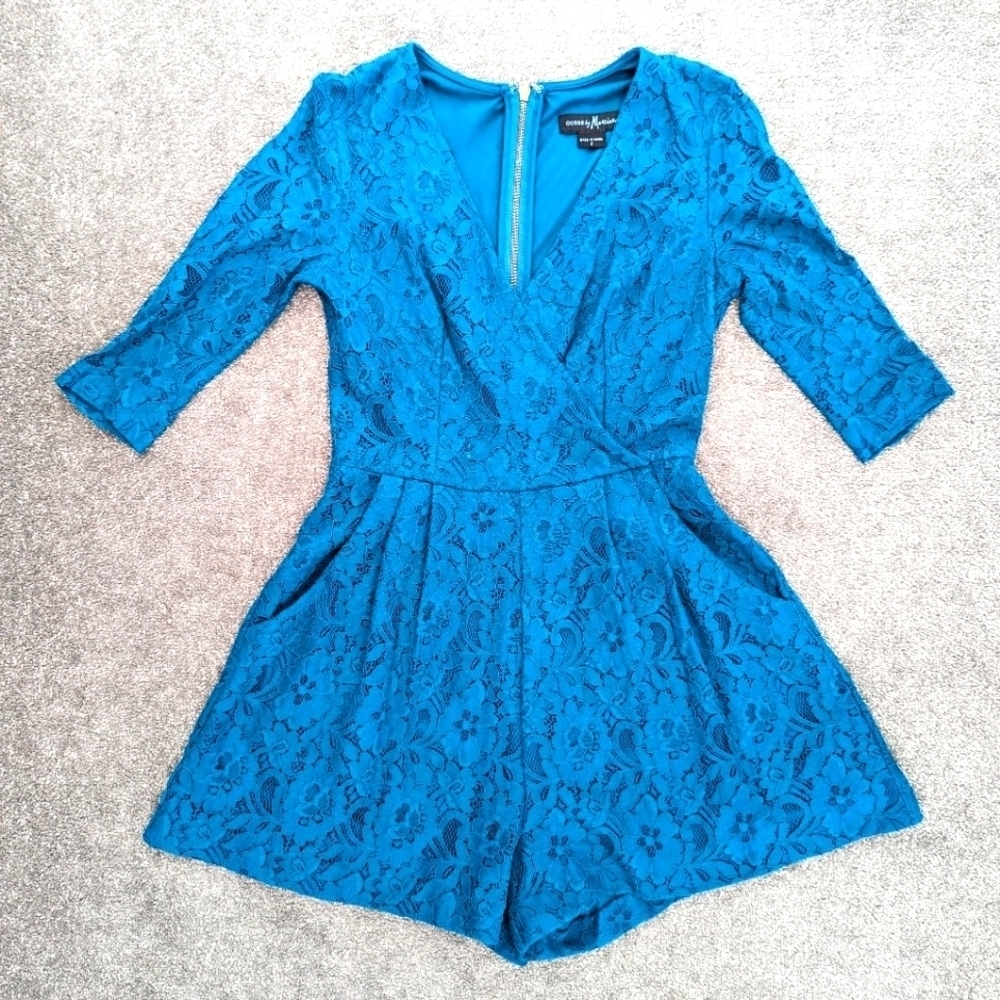 GUESS by Marciano teal lace romper exposed zipper size 2